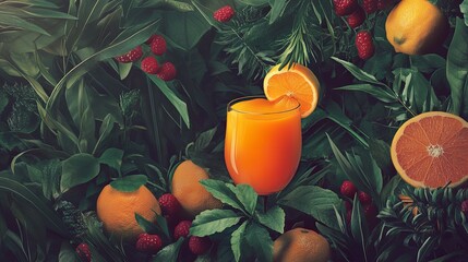 Obraz premium Refreshing Orange Juice in Lush Tropical Setting