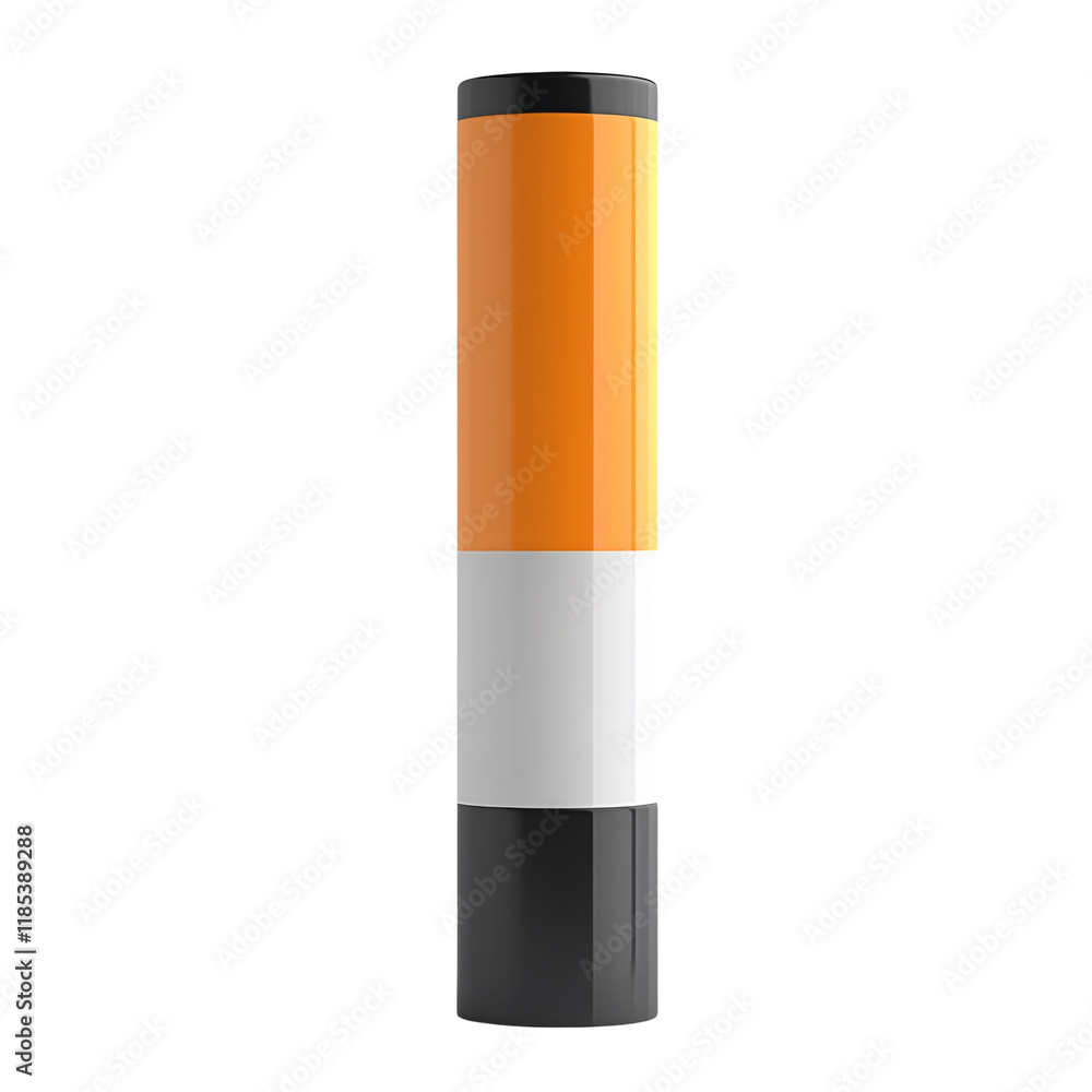 Poster A three-color cylindrical container mockup is shown against a black background.  The container is primarily orange with white and black accents.