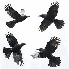 Obraz premium A crow in different flying positions, on white background
