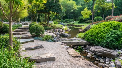 Tranquil Japanese Garden Path with Lush Greenery, Serene Water Features, and Artfully Placed Rocks for a Peaceful Nature Experience