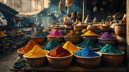 Colorful Powders at a Rural Market During Holi Festival in India with Vibrant Displays and Busy Atmosphere