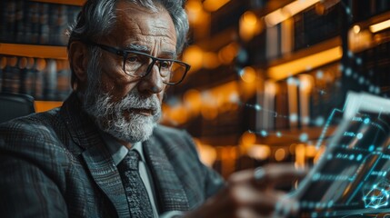 Fototapeta premium A senior man in a suit and glasses looks at a device with glowing blue lines. AI generative. .