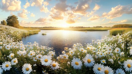 A serene landscape featuring a lake surrounded by blooming daisies and a sunset.