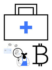 Medical first aid kit, person analyzing financial data, Bitcoin symbol. Ideal for healthcare costs, digital currency, finance, investment, medical expenses, technology integration innovative