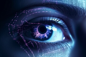 Close-up of an eye with pink and blue digital lines. AI generative. .