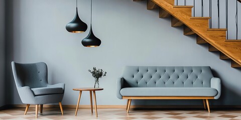 Obraz premium Minimalist modern living room, floating wooden staircase, light gray sofa, beige armchair, wooden coffee table, pendant lights, potted plant, white walls, interior design, Scandinavian style, cozy atm