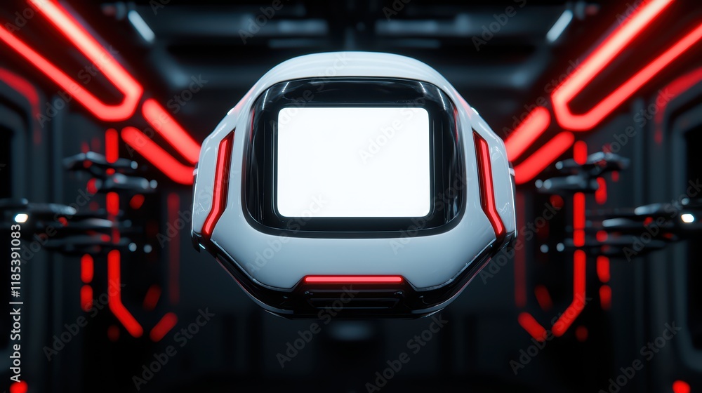 Poster futuristic floating object in high-tech red-lit environment