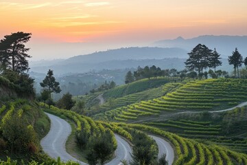 Naklejka premium Serene Landscape of Rolling Vineyards at Sunset with Gentle Curved Road and Majestic Mountains in the Background Capturing Nature’s Beauty