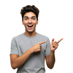 4k backgroundless cutout of a surprised and happy man pointing