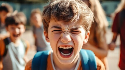 Angry Boy Screaming Outdoors with Blurred Background