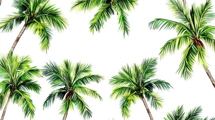 Lush green palm trees on white background.