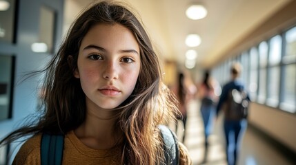 Pensive Teenage Girl in School Hallway - Portrait