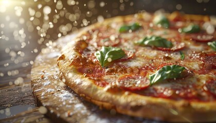 A freshly baked pepperoni pizza with mozzarella cheese and basil leaves on a wooden board with flour sprinkled around it.