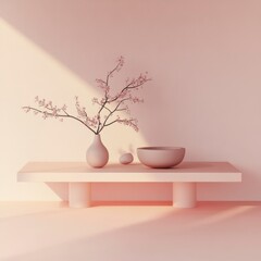 Minimalist Pink Tabletop Still Life with Blossom Branch