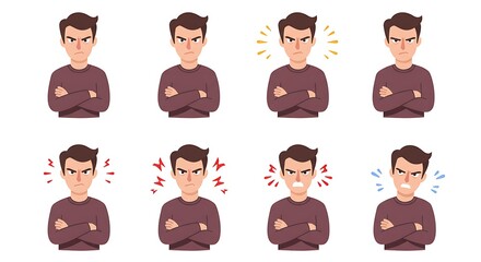 Angry person swears at someone with his arms folded across his chest. Annoyed grumpy man. Disgruntled employee. Negative emotion, anger expression. Flat vector illustration on white background