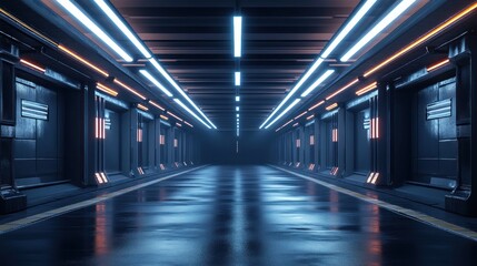 Obraz premium Futuristic neon-lit corridor with reflective floor.