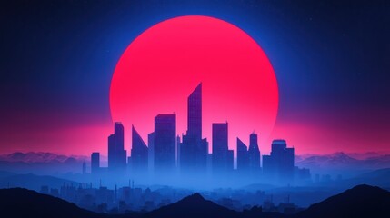 Obraz premium Vibrant Sunset Over Futuristic City Skyline with Neon Hues
