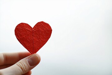 Fototapeta premium A close-up of a hand holding a vibrant red paper heart against a white background, ideal for Valentine's Day, love notes, or appreciation messages.
