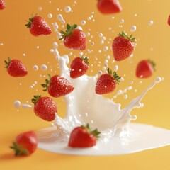 Strawberries Splashing into Milk on Orange Background