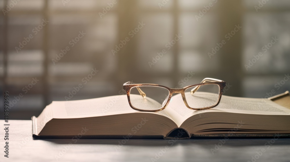 Poster spectacles resting on an open book near a window, illuminating knowledge and wisdom