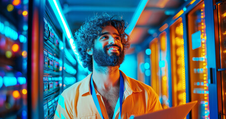 indian young adult male it technician working in a colorful server room