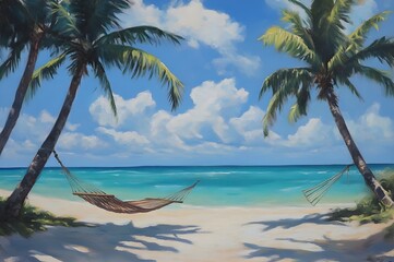 A serene tropical beach with soft, white sand and crystal-clear turquoise water