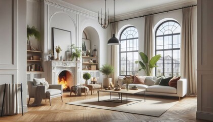 Scandinavian living room, minimalist interior design, arched windows, natural light, wooden floors, grey sofa, round coffee table, pendant light, fiddle leaf fig plant, neutral color palette, high cei