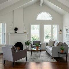 Fototapeta premium Scandinavian living room, minimalist interior design, arched windows, natural light, wooden floors, grey sofa, round coffee table, pendant light, fiddle leaf fig plant, neutral color palette, high cei