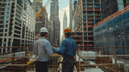Two engineers wearing hard hats, overseeing a construction site in a bustling urban city with tall skyscrapers