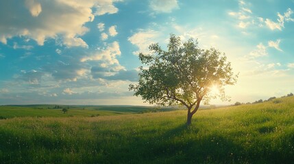 Fototapeta premium A serene landscape featuring a solitary tree under a bright sky at sunset.
