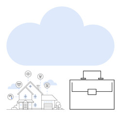 Cloud above smart home with tech icons, briefcase symbolizing business services. Ideal for IoT, cloud computing, smart devices, business solutions, data security, innovation, abstract line flat
