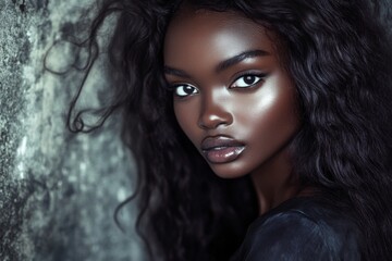 Fototapeta premium Commercial marketing visual idea. Long haircut - beach waves hair. Attractive calm black girl - for ads, magazine ad and online marketing use. Beautiful african advertising photography.