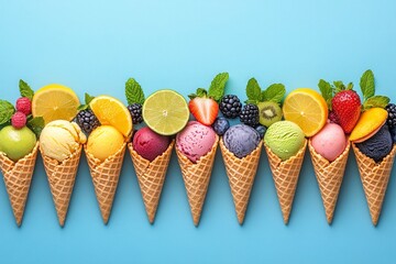 Colorful Ice Cream Cones on Blue Background