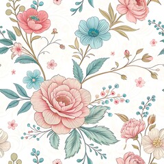 Soft floral pattern with pastel blooms, A charming floral design featuring pastel pink, blue, and peach flowers with green leaves on a white background, perfect for decor.  
