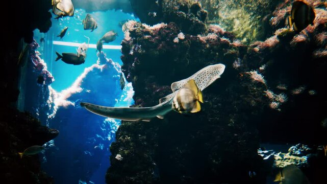 Close up of a zebra shark swimming in the water