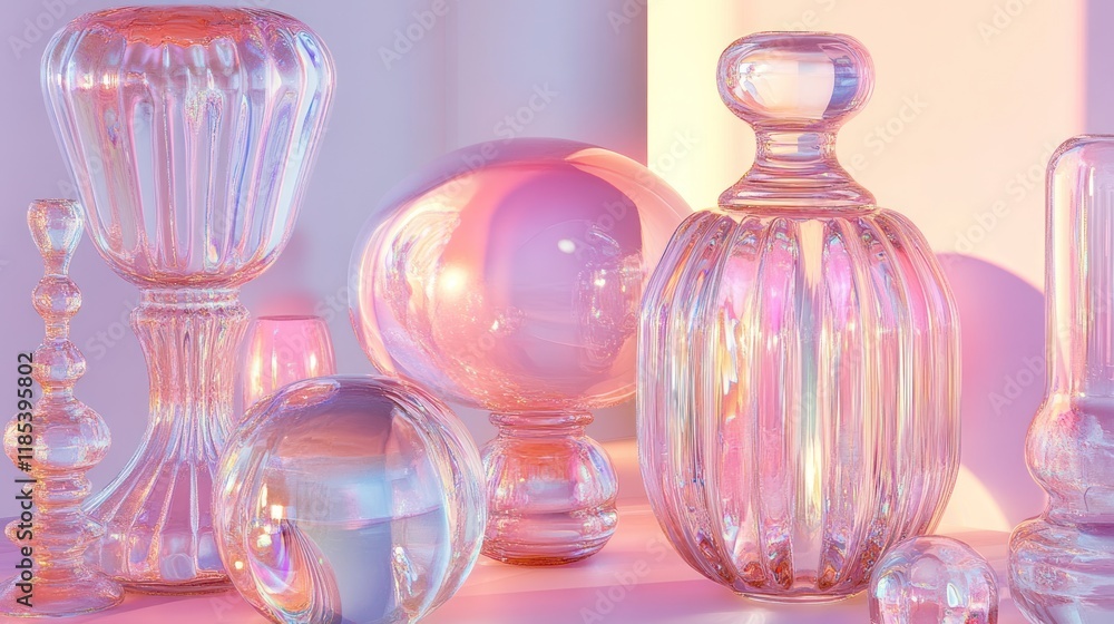 Poster iridescent glass objects in soft light.