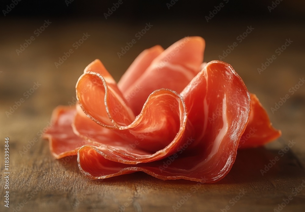 Poster elegant display of thin slices of cured meat crafted with precision on rustic wooden surface, perfec