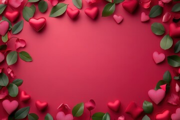 Obraz premium A circle of vibrant hearts surrounded by delicate leaves, set against a rich red backdrop, radiates love and warmth, perfect for Valentine's Day.