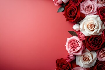 A delicate pink background frames a beautiful border of red and white roses, symbolizing love and romance, perfect for Valentine's Day celebrations.