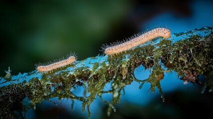 Naklejka premium Two Caterpillars on Mossy Branch Close up Macro Photography