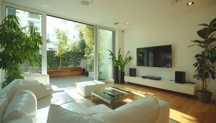 Fototapeta premium Modern living room with white furniture, large windows, and garden view.