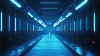Futuristic blue neon lit corridor.