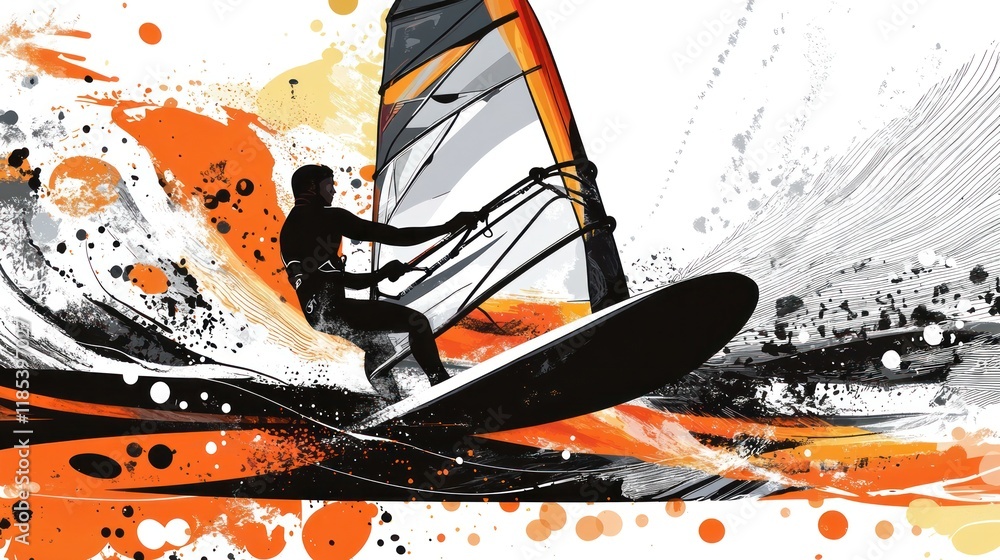 Poster windsurfer riding wave, dynamic action shot.