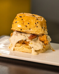 Restaurant food. Various dishes. Clubhouse, pizza, sushi. Traditional food. Fast food. Hamburger