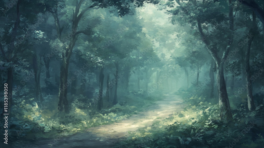 Poster a serene forest path illuminated by soft light, inviting exploration and tranquility.