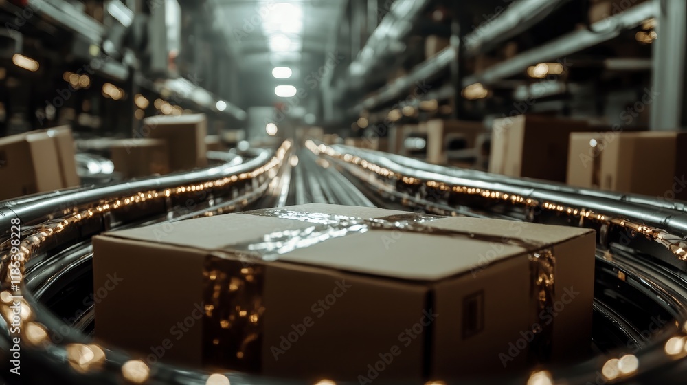 Aufkleber automated package sorting system futuristic conveyor belt cardboard boxes warehouse log