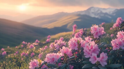 Obraz premium A serene landscape featuring blooming pink flowers with mountains and a sunset in the background.