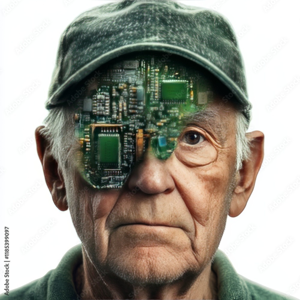 Poster futuristic depiction of an elderly man integrating cybernetic enhancements with a microchip embedded