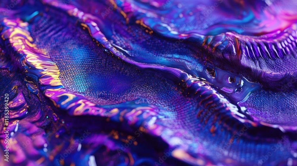Poster abstract iridescent texture with vibrant purple and blue hues, creating a dynamic and flowing patter