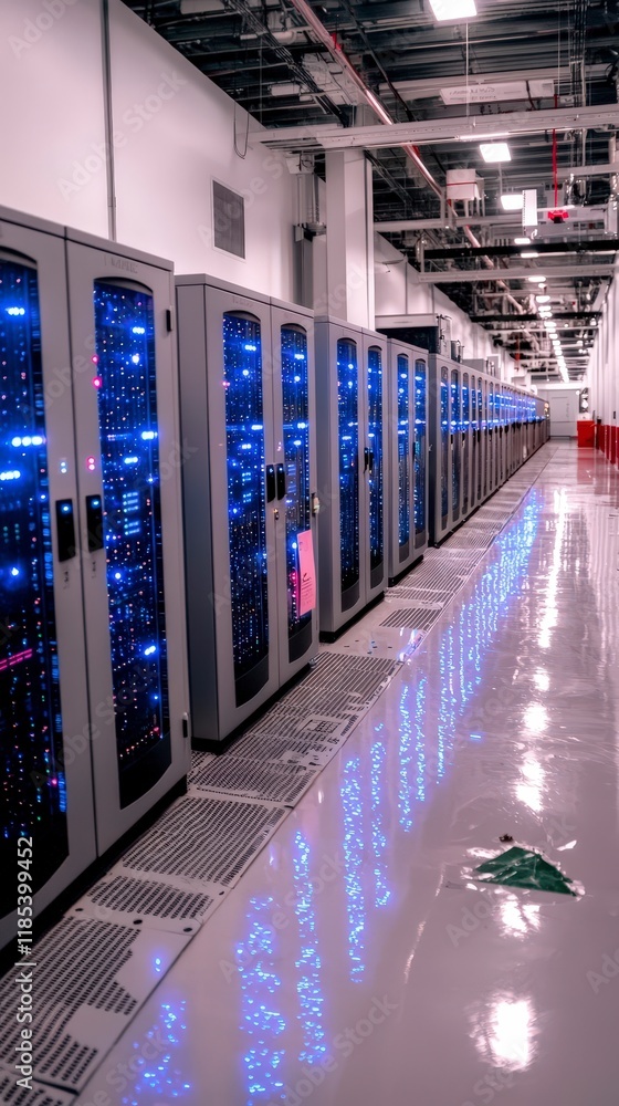 Poster modern data center server room illuminated racks technology infrastructure